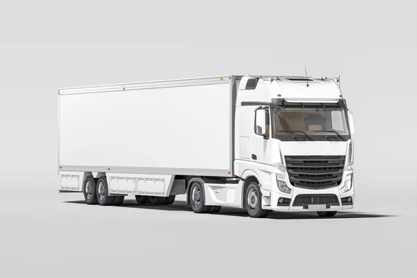 Potężny biały półciężarówka z pustym miejscu na lodówce na długie dostawy. 3d renderowanie — Zdjęcie stockowe
