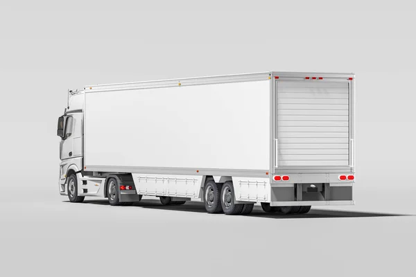 Back View of Powerful White Semi Truck With Empty Space On Refrigerator For Long Haul Delivery (dalam bahasa Inggris). Rendering 3d — Stok Foto