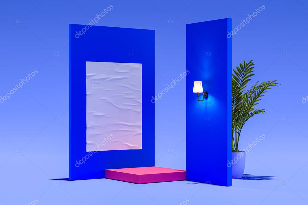 Blank Vertical Poster From Crumpled Paper with Empty Space on Blue Walls Near Green tropical flowers. Flat In Cutaway. 3D rendering.