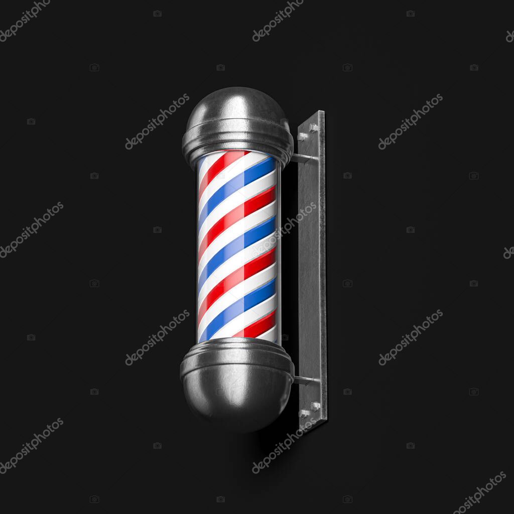 Realistic Classic Barber Shop Pole Isolated on Black Background. 3d Rendering