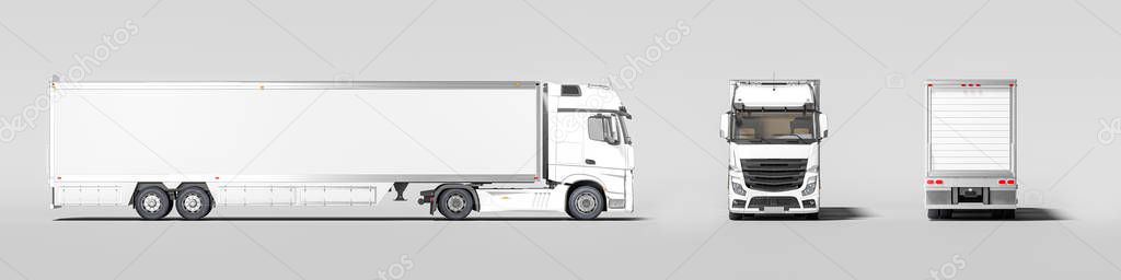 Side View, Front View And Back View Of White Semi Truck With Empty Space On Refrigerator For Haul Delivery. 3d rendering