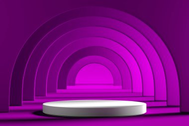 Soyut Violet Arkaplanı 'nda Boş Alanı Olan Modern Vitrin. Performans veya Ürün Reklamı Sahnesi. 3d oluşturma.