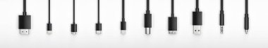 Siyah Realistik hdmi, 8-pin, mikro usb, usb, tip C, tip B mini jack 3.5, kablo beyaz arka planda. 3d oluşturma