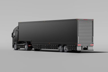 Buzdolabında uzun mesafe teslimatı için boş alanı olan güçlü siyah yarı kamyonet görüntüsü. 3d oluşturma