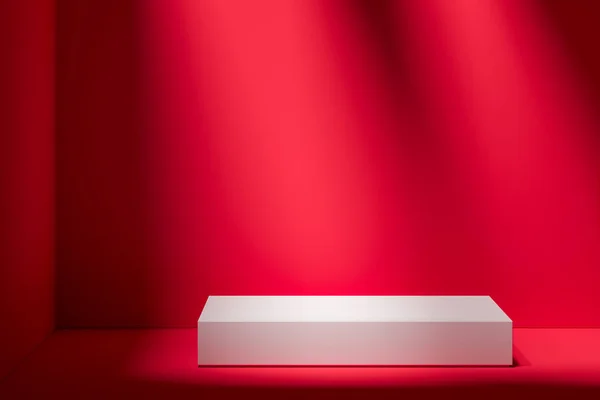 Unveiling Concept. First Run. Blank Foursquare Showcase with Empty Space On Pedestal. Red Background. 3d rendering. — Stock Photo, Image