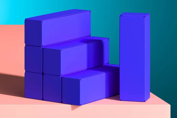 Boîtes en carton bleues vierges sur piédestal couleur saumon. 3d Rendu. Espace vide. Espace de copie. Concept de minimalisme . — Photo