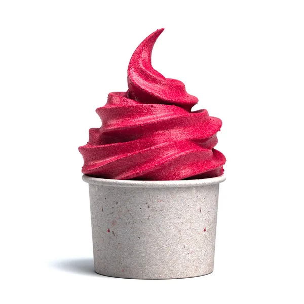 Malina lub truskawkowe lody w White Bowl. Mrożony jogurt w Blank Paper Cup na białym tle. 3d renderowanie — Zdjęcie stockowe