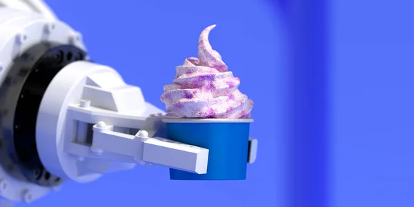 Robotermechaniker Arm hält Eis in Schüssel. Die künstliche Intelligenz bietet gefrorenen Joghurt im Pappbecher. 3D-Darstellung — Stockfoto