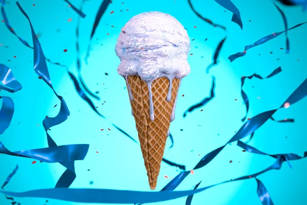 Schmelzendes Eis in Waffelkegel mit festlichem Partyblau auf hellblauem Hintergrund. 3D-Darstellung. — Stockfoto