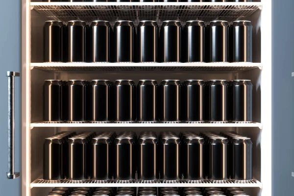Порожнє чорне алюмінієве пиво або сода можуть з краплями на полицях в холодильнику зі скляними дверима, 3d рендеринг. Мінімалізм — стокове фото