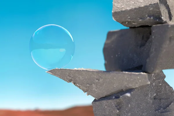 Escaparate de piedra con burbuja de jabón en el pedestal con cielo azul claro en el fondo. renderizado 3d. Concepto de productos naturales — Foto de Stock