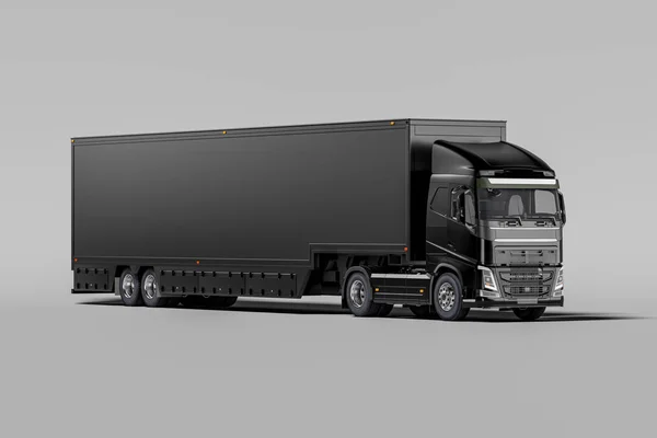 Vista frontal del poderoso camión semirremolque negro con espacio vacío en el refrigerador para entrega a larga distancia. renderizado 3d —  Fotos de Stock