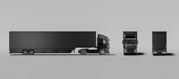 Widok z boku, widok z przodu i z tyłu czarny półciężarówka z pustym miejscu na lodówce do ciągnięcia dostawy. 3d renderowanie — Zdjęcie stockowe