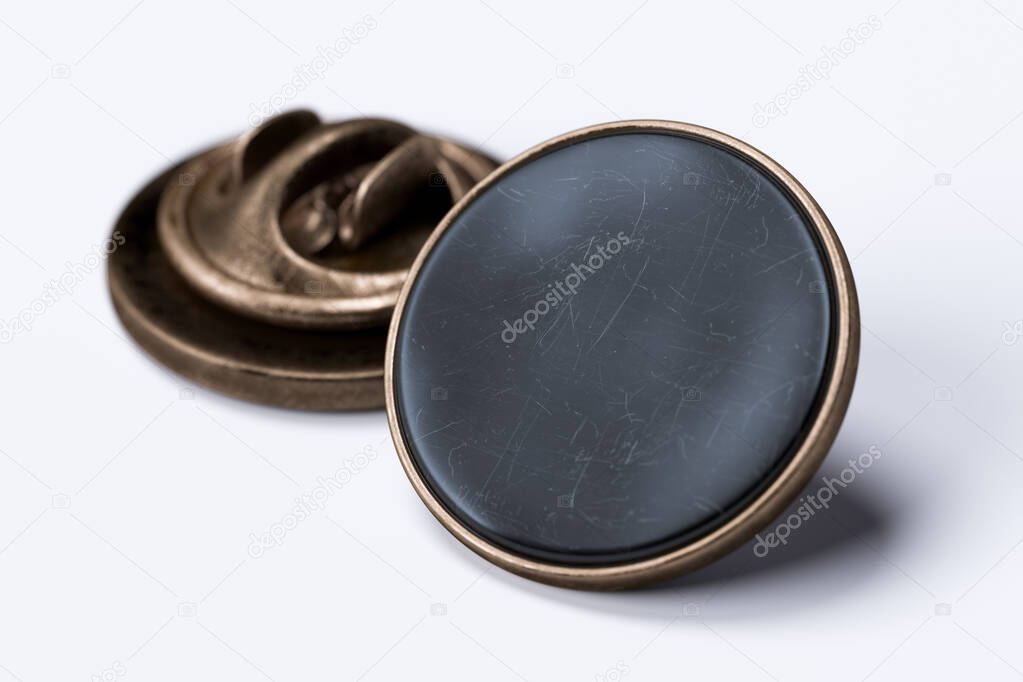 Black Scratched Blank Pin Buttons With Empty Space On White Background, 3d rendering.