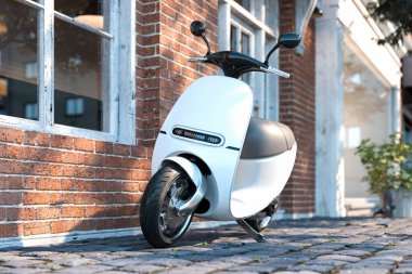 Şehir Arkaplanı 'nda elektrikli scooter. Şehir merkezinde Eko Alternatif Taşımacılık. 3d oluşturma.