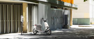 Şehrin arka planında elektrikli şarj aleti olan elektrikli scooter. Eko Alternatif Taşımacılık. 3d oluşturma.