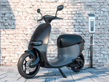 Siyah elektrikli scooter ve elektrik şarj aleti Brick Wall 'un yanında. Eko Alternatif Taşıma Konsepti. 3d oluşturma.