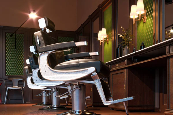 Vintage-Retro-Interieur des stilvollen Friseursalons. Blick auf gemütliche Lederstühle, 3D-Darstellung — Stockfoto