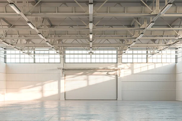 Hangar vazio, fábrica vazia interior ou armazém vazio com porta de obturador de rolo e piso de concreto. Renderização 3d — Fotografia de Stock
