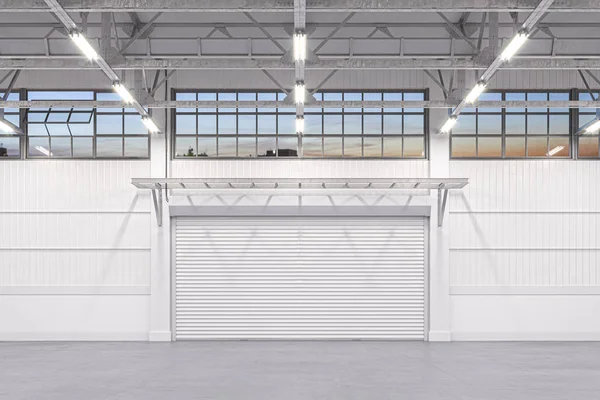 Interior o almacén vacío blanco iluminado del hangar con la puerta del obturador del rodillo y el piso blanco del hormigón. renderizado 3d — Foto de Stock