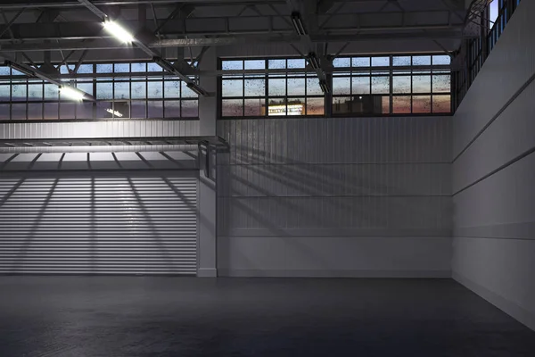 Night Time At Empty Hangar Interieur of Leeg Pakhuis met rolluiken deur en betonnen vloer. 3d destructie — Stockfoto