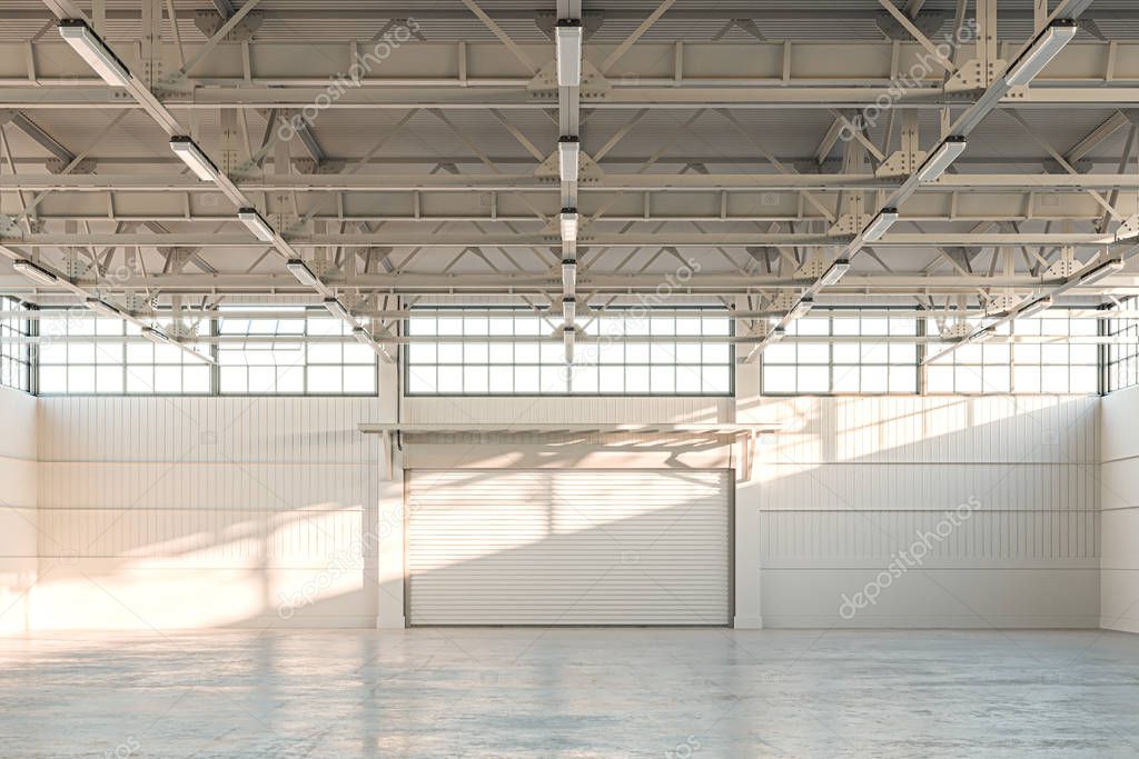 Empty Hangar, Empty Factory Interior or Empty Warehouse With Roller Shutter Door and Concrete Floor. 3d rendering