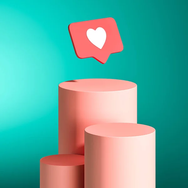 Like Icon On Showcase Living Coral Color. Concept Of Dependence From Social Media. 3d rendering — Stock Photo, Image