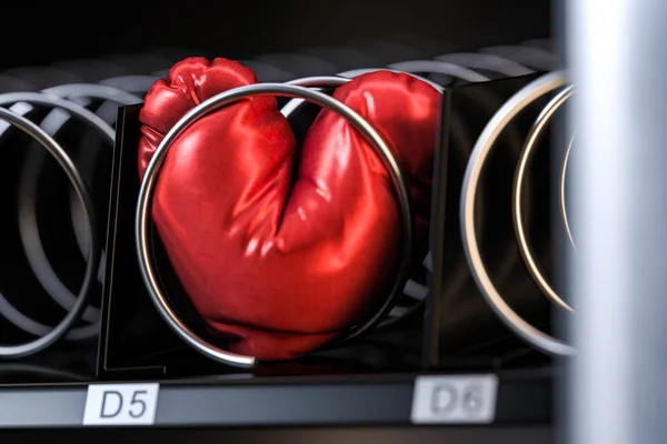 Corazón de almohada realista rojo en la máquina expendedora. Concepto de celebración del día de San Valentín. Renderizado 3d . —  Fotos de Stock