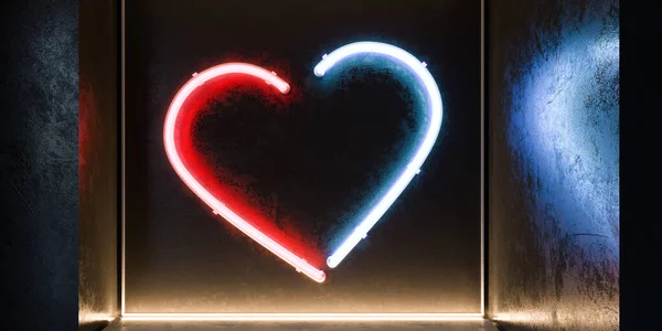 Red And Blue Halves Of Neon Lighted Heart On Glossy Wall. Saint Valentine Day Celebration. 3d Rendering. — 스톡 사진