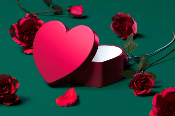 Κόκκινο κουτί δώρου στη μορφή της καρδιάς με κενό κάλυμμα, κοντά σε τριαντάφυλλα. Έκπληξη για την ημέρα του Αγίου Βαλεντίνου, 3d απόδοση — Φωτογραφία Αρχείου
