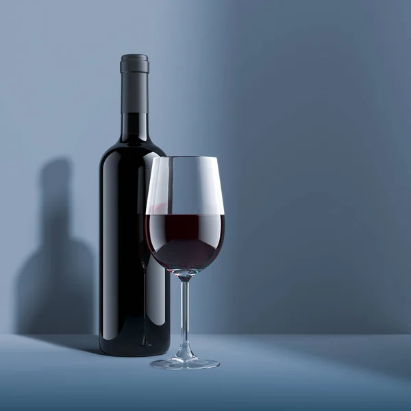 Copa realista de vino tinto y botella de vino en blanco aislado sobre fondo gris y azul minialista. Renderizado 3d . —  Fotos de Stock