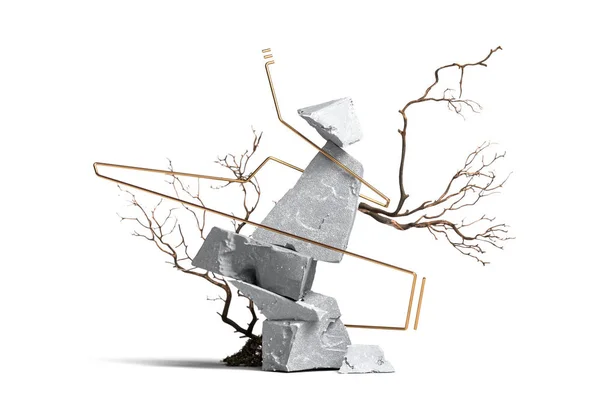 Modern Showcase As Abstract Geometric Figures Made From Stone And Branches On background. 3d rendering. — Stock Photo, Image