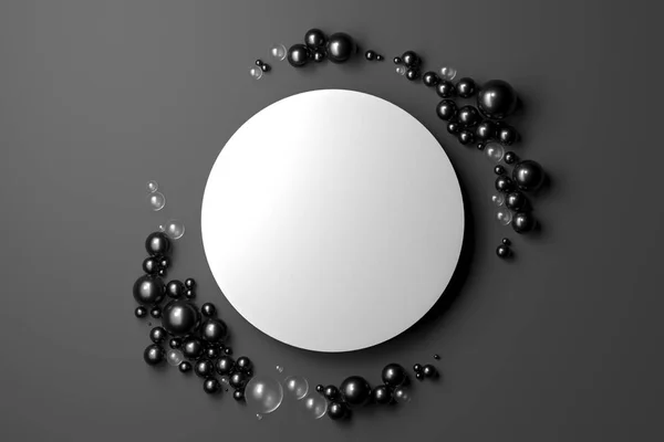 Round White Blank Banner perto de bolhas pretas isoladas no fundo preto. Renderização 3d . — Fotografia de Stock