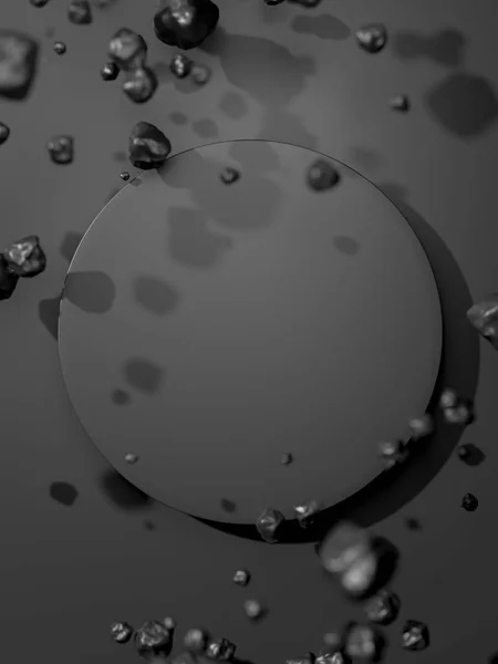 Round Black Blank Banner Near Black Bubbles Isolated On Black Background. 3d Rendering. — ストック写真