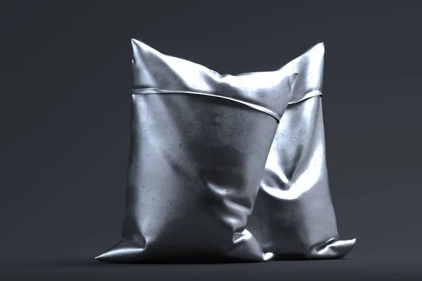 Silberfolie realistisches Paket auf grauem Hintergrund. Kopierraum. Leere Räume. 3D-Darstellung — Stockfoto