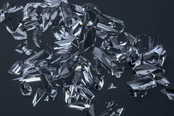 Transparante kristallen op donkere achtergrond, vitrine en achtergrond, 3d weergave. — Stockfoto