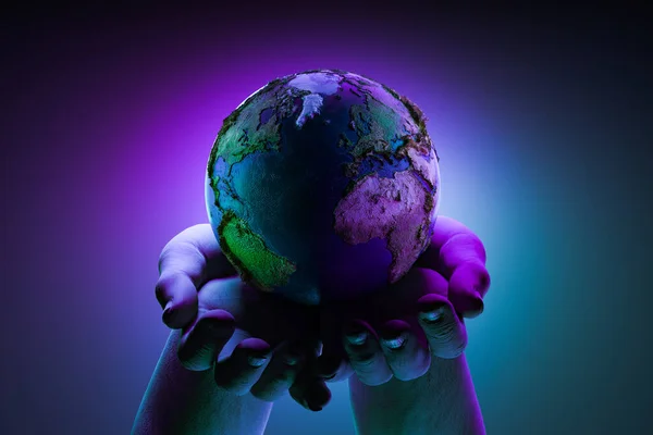 A Terra em Mãos Humanas Sobre Fundo de Néon. O futuro global do planeta depende do ser humano. Renderização 3D . — Fotografia de Stock