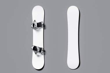Fotokopi alanı ve boş alanı olan beyaz kar kayağı yakınında Snowboard botları olan beyaz bir snowboard. 3d Hazırlama.