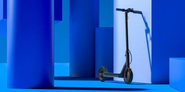 Mavi Soyut Arkaplanda Elektrikli Tekme Scooter. Eko Alternatif Taşımacılık. Scooter ışıkla aydınlatıldı. 3d oluşturma