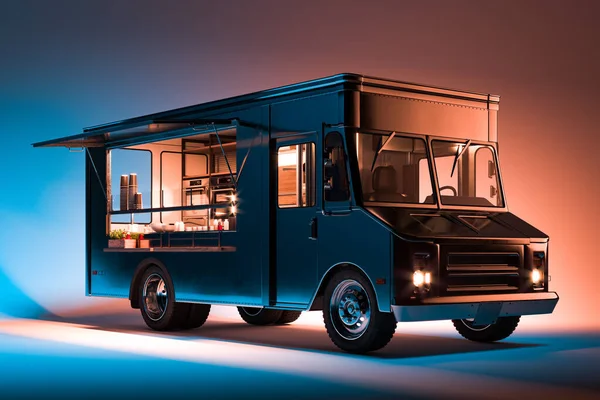 Black Food Truck with Detailed Interior Isolated on Illuminated Background. Jedzenie na wynos i picie. 3d renderowanie. — Zdjęcie stockowe