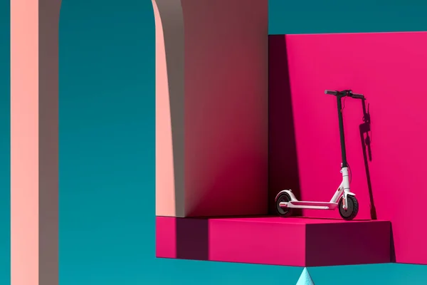 Vit elektrisk spark skoter på rosa abstrakt bakgrund och Showcase nära geometriska figurer. Miljötransport. 3d-konvertering — Stockfoto