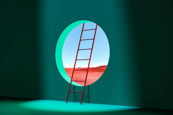 Groene kamer met rond raam met prachtig uitzicht op woestijn en Ladder naar buiten. 3d weergave. Geestelijk werk — Stockfoto