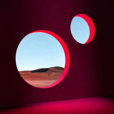 Çöle, vahşi doğaya ve kumlara güzel manzaralı yuvarlak pencereli pembe bir oda. 3d oluşturma