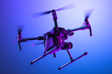 Parlak Mavi Arkaplanda Kameralı Gerçekçi Drone Quadcopter. Modern Videografi. Yan görüş. 3d oluşturma