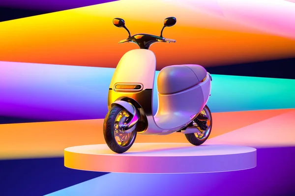 Weißer Elektroroller oder Moped auf buntem Hintergrund und rosa Vitrine. Ökologischer Alternativverkehr. 3D-Darstellung — Stockfoto