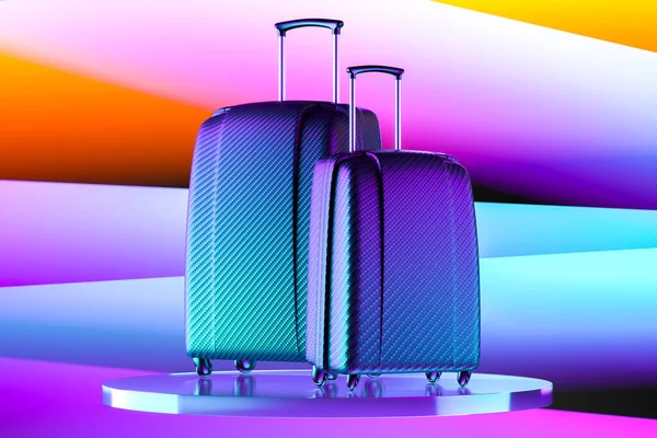 Modern Textured Stylish Suitcases on Multicolored Abstract Background And Glossy Transparent Showcase. 3d Rendering — Stock Photo, Image