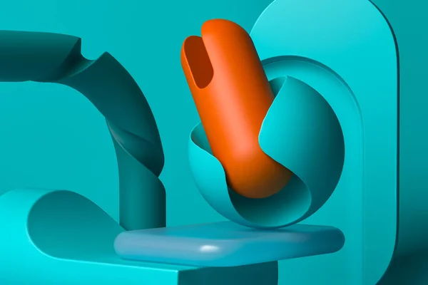 Vitrine et abstraites figures mates en plastique de couleurs turquoise et orange sur fond d'aigue-marine. Rendu 3d . — Photo