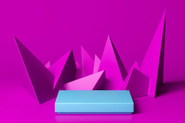三角形の近くのピンクの背景に空のスペースを持つブランクブルーの四角形のショーケース概要図.3Dレンダリング — ストック写真