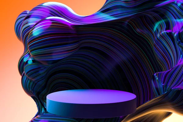 Violett runda Showcase med tom utrymme nära Abstrakt flerfärgad flytande mörk våg på orange bakgrund. 3d-konvertering — Stockfoto