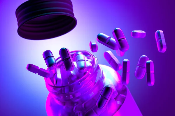 White Pills Spilling From Transparent Bottle With Medicine on Neon Background, 3d rendering. — Stock Photo, Image